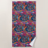 Uil Art Tekening Blauwe uil en roze bloemen. Strandlaken (Voorkant)