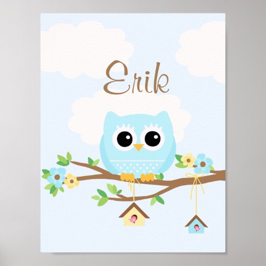 Uil Baby Jongen blauwe gepersonaliseerde poster (Voorkant)