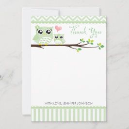 Uil Baby shower dank u kaart | groene chevron Notitiekaartje