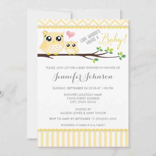 Uil Baby shower Invitation | gele Chevron Kaart (Voorkant)