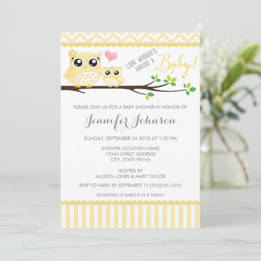Uil Baby shower Invitation | gele Chevron Kaart (Staand voorkant)