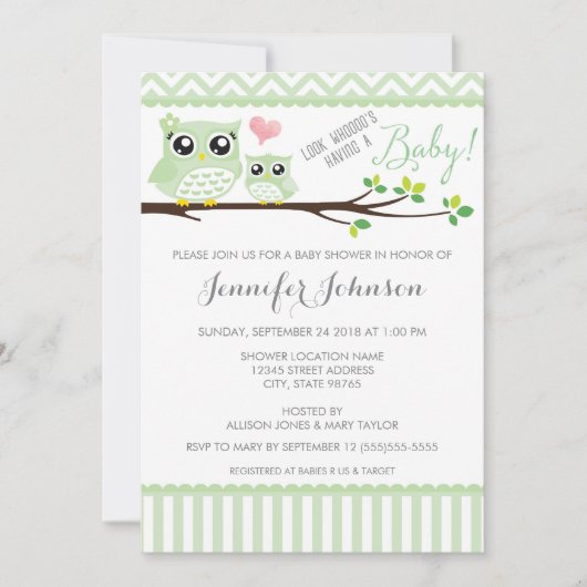 Uil Baby shower Invitation | groene chevron Kaart (Voorkant)