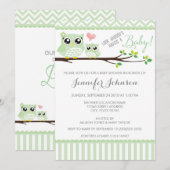 Uil Baby shower Invitation | groene chevron Kaart (Voorkant / Achterkant)