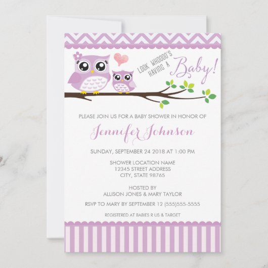 Uil Baby shower Invitation | Paarse Chevron | Meis Kaart (Voorkant)