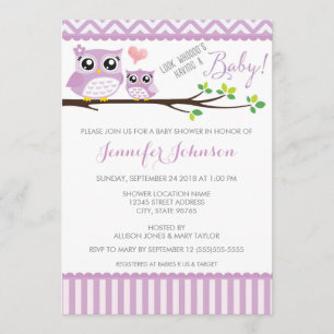 Uil Baby shower Invitation   Paarse Chevron   Meis Kaart