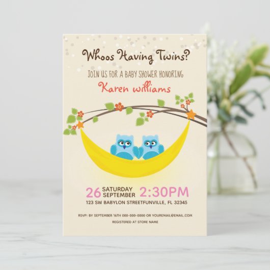 Uil Baby shower - Kijk wie heeft tweelingjongens? Kaart (Staand voorkant)