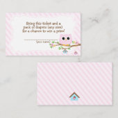 Uil Baby shower roze Luier Raffle ticket Informatiekaartje (Voorkant / Achterkant)