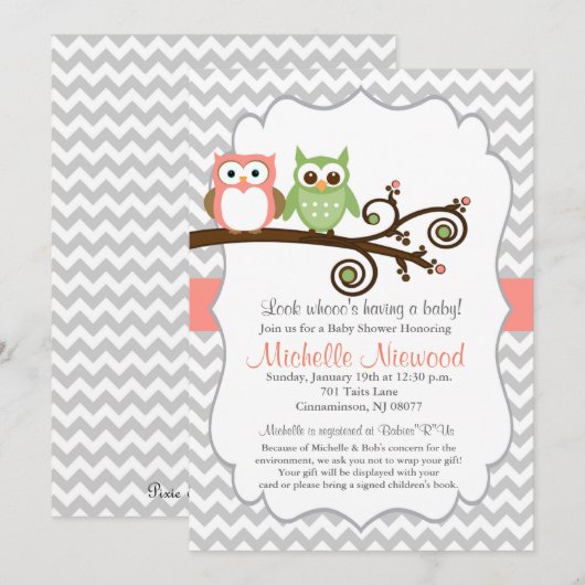Uil Baby shower Roze Uitnodiging (Voorkant / Achterkant)