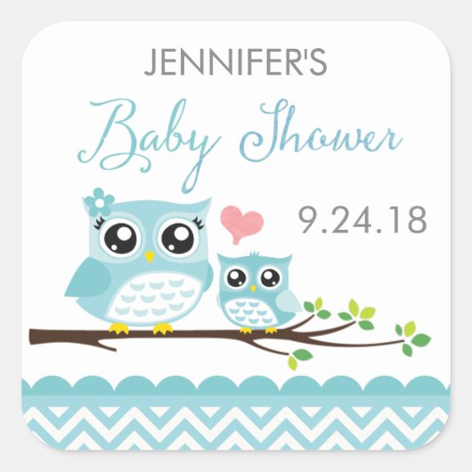 Uil Baby shower Sticker / Label | Blue Chevron Boy (Voorkant)