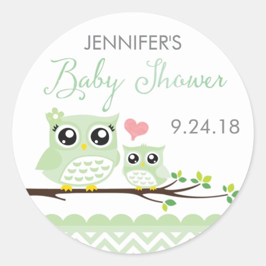 Uil Baby shower Sticker / Label | groene chevron (Voorkant)