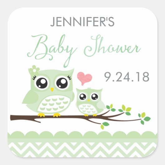 Uil Baby shower Sticker / Label | groene chevron (Voorkant)