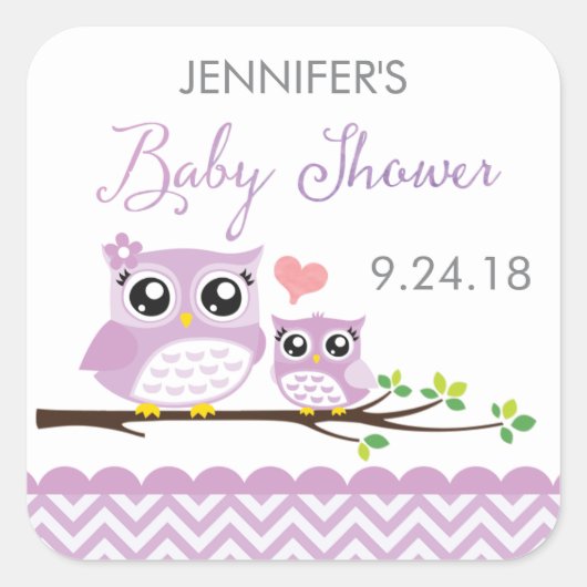 Uil Baby shower Sticker Label Paarse Chevron Meisj (Voorkant)