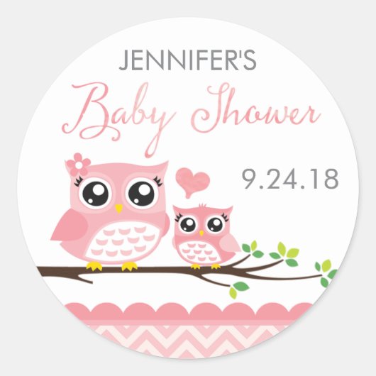 Uil Baby shower Sticker Label | roze chevron meisj (Voorkant)