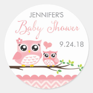 Uil Baby shower Sticker Label   roze chevron meisj