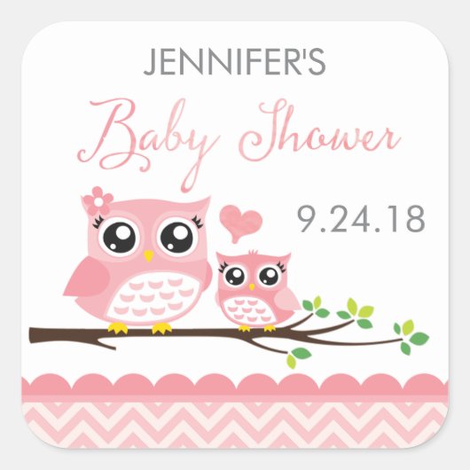 Uil Baby shower Sticker Label | roze chevron meisj (Voorkant)