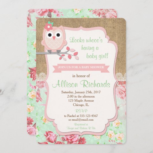 Uil baby shower uitnodiging burlap lace mint roze (Voorkant / Achterkant)