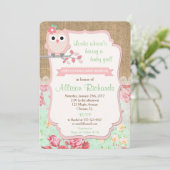Uil baby shower uitnodiging burlap lace mint roze (Staand voorkant)