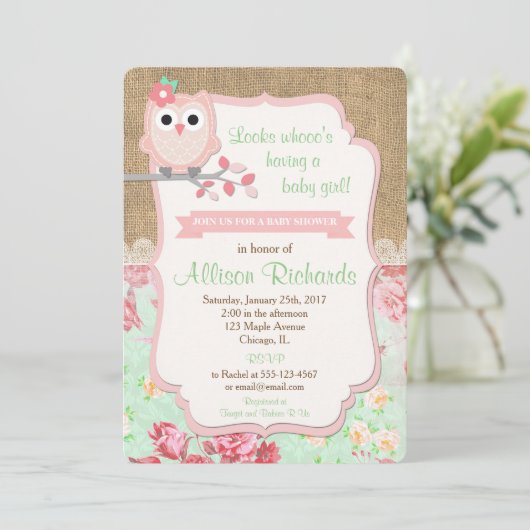 Uil baby shower uitnodiging burlap lace mint roze (Staand voorkant)
