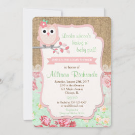 Uil baby shower uitnodiging burlap lace mint roze