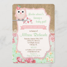 Uil baby shower uitnodiging burlap lace mint roze