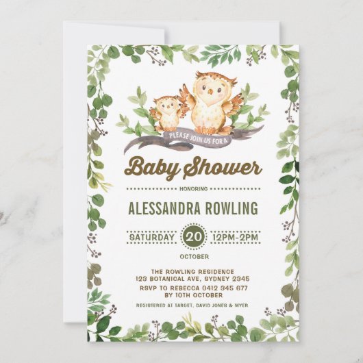Uil Baby shower Woodland Greenery Forest Uitnodige Kaart (Voorkant)