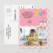 Uil Balloon Roze Gingham Verjaardag Foto Dank u Briefkaart (Voorkant / Achterkant)