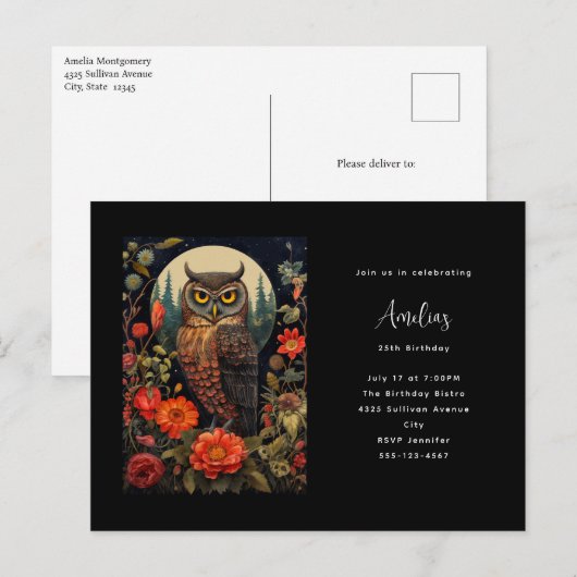 Uil bij nacht met een volle maan verjaardag briefkaart (Voorkant / Achterkant)