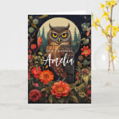 Uil bij nacht met een volle maan verjaardag kaart (Gele Bloem)