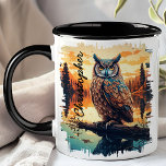 Uil bij Sunset Forest Reflectie Mok<br><div class="desc">Geniet van de mystieke charme van de Uil bij Sunset Forest Reflection Mok. Deze boeiende mok heeft een majestueuze uil op een tak, met het serene bos en de warme tinten van de zonsondergang prachtig weerspiegeld in een rustig meer. Gepersonaliseerd met jouw naam, voegt het een persoonlijke en unieke touch...</div>