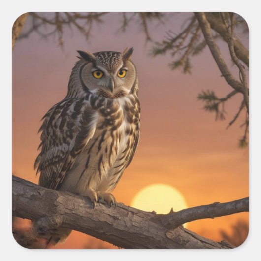 Uil bij zonsondergang vierkante sticker (Voorkant)