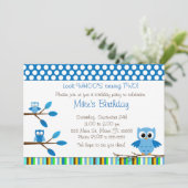 Uil Blauw Bruin Kinderen Verjaardagsfeest Uitnodig Kaart (Staand voorkant)