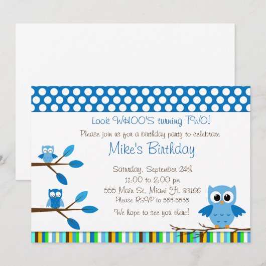 Uil Blauw Bruin Kinderen Verjaardagsfeest Uitnodig Kaart (Voorkant / Achterkant)