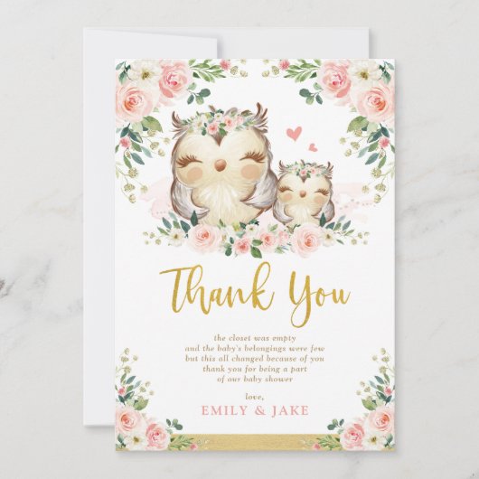 Uil Blush Pink Roses Baby shower Bedankt Card Kaart (Voorkant)