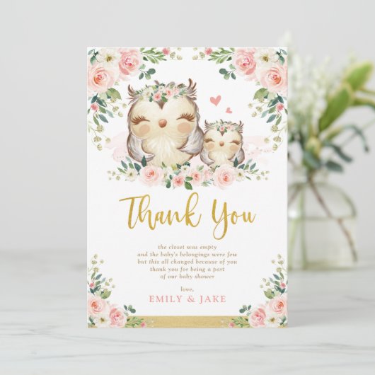 Uil Blush Pink Roses Baby shower Bedankt Card Kaart (Staand voorkant)