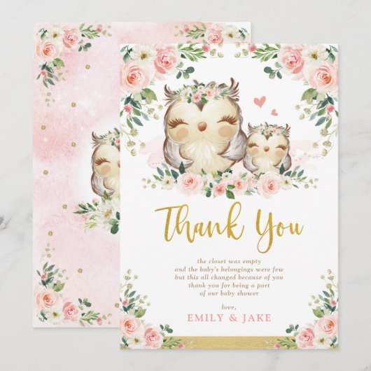 Uil Blush Pink Roses Baby shower Bedankt Card Kaart (Voorkant / Achterkant)