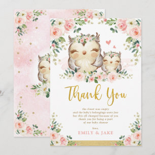 Uil Blush Pink Roses Baby shower Bedankt Card Kaart