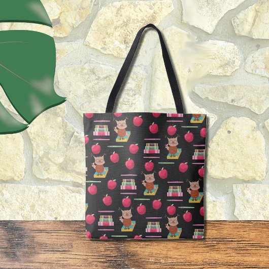 Uil, boeken, Red Apple Teacher Grote Canvas tas