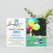 Uil Boy 1e verjaardag uitnodiging 5x7 fotokaart (Staand voorkant)