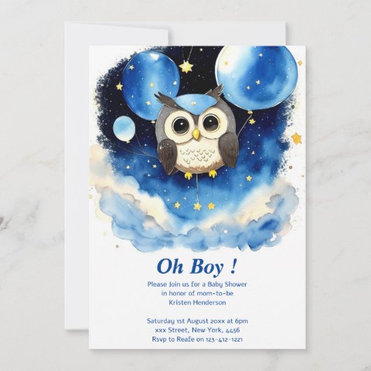 Uil Boy Baby shower Uitnodiging (Voorkant)