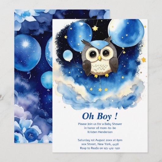 Uil Boy Baby shower Uitnodiging (Voorkant / Achterkant)