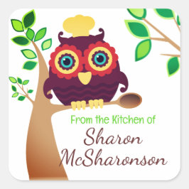 Uil chef houten lepel koken bakvoedsel label