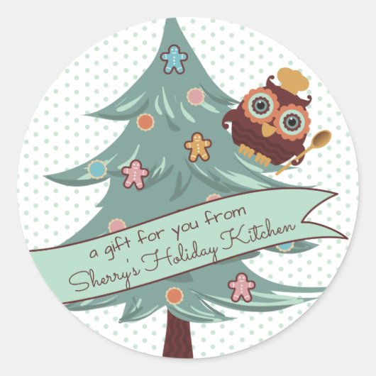 Uil chef-kok cookie kerstboom vakantie bakken ronde sticker (Voorkant)
