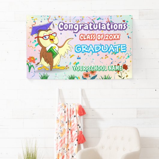 Uil Confetti Fun Kleurrijke Happy Graduation Party Spandoek (Insitu)