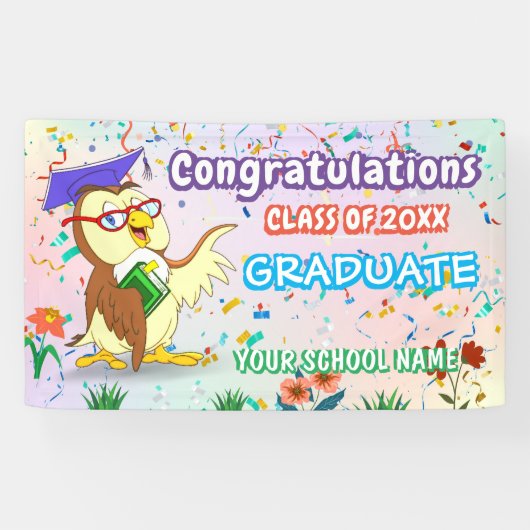 Uil Confetti Fun Kleurrijke Happy Graduation Party Spandoek (Horizontaal)