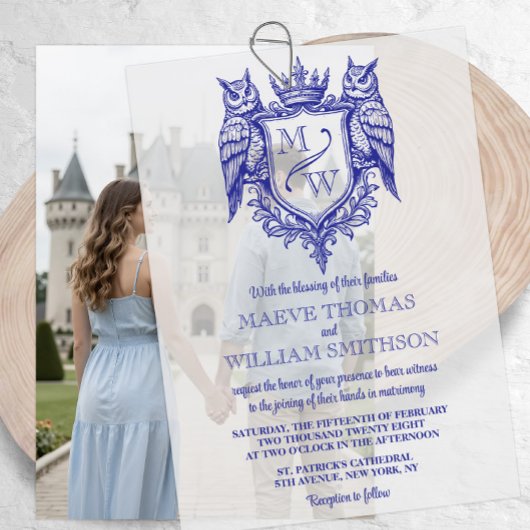 Uil Crest Koninklijk Monogram Trouw Overlay Vellum Uitnodigingen