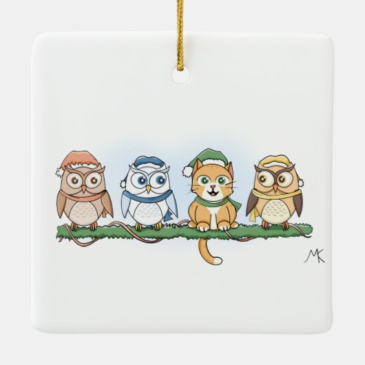 Uil die ik wil voor kerst, cartoon uilen en kat keramisch ornament (Achterkant)