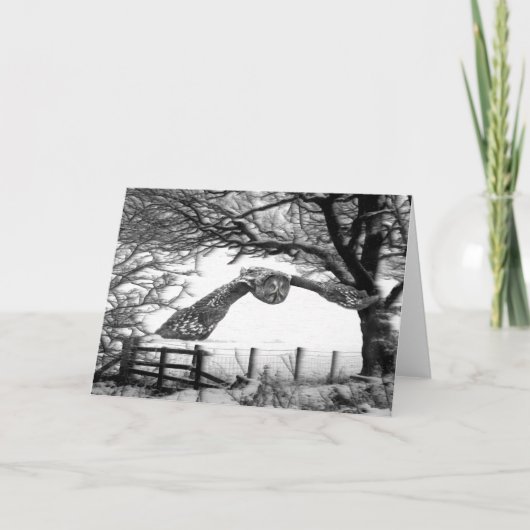 Uil die in de sneeuw vliegen feestdagen kaart (Voorkant)