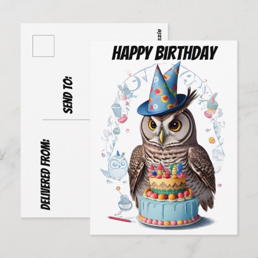 Uil dragen verjaardag pet staan achter cake briefkaart (Voorkant / Achterkant)