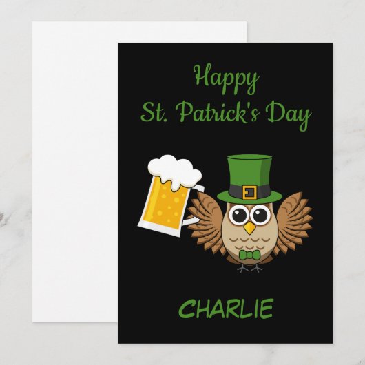 Uil drinkt bier St. Patrick's Day | Personaliseer Feestdagenkaart (Voorkant / Achterkant)