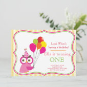 Uil Eerste Verjaardag Meisje Party Uitnodiging (Staand voorkant)
